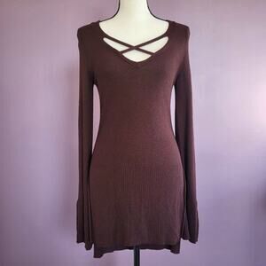 Free People Brown Criss Cross Bell Sleeve Split High Low Knit Sweater Tunic